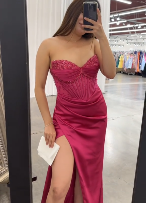 Robe de soirée longue en satin fuchsia à col en cœur, robe de demoiselle d'honneur, D136