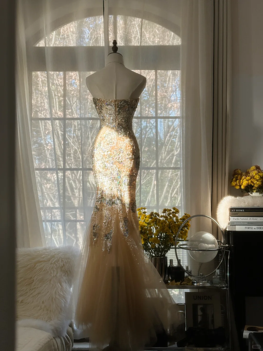 Elegant Mermaid Golden Sparkling Strapless Elegant Beaded Shinny Chiffon Evening Dress Prom Dress D1470