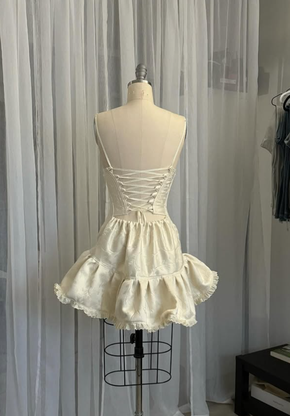 Vintage Beige Spaghetti Strap A-line Satin Lace-up Short Party Dresses Homecoming Dresses, D1324