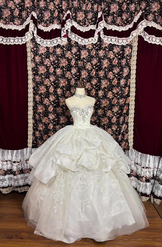 Retro Perlenbesetztes trägerloses A-Linie Tüll Quinceanera-Kleider Sweet 17 Geburtstagsballkleider, D1428