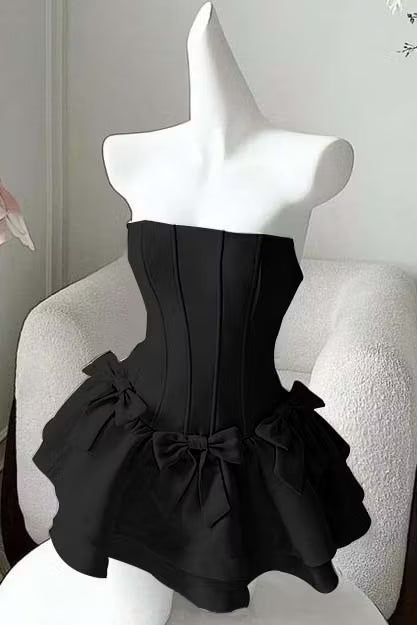 Beautiful Homecoming Dress Strapless Pleated Bowknot Back to School Outfits Party Dress D7249