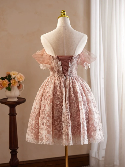 Robe de soirée trapèze en tulle rose rétro à épaules dénudées et appliques D1551