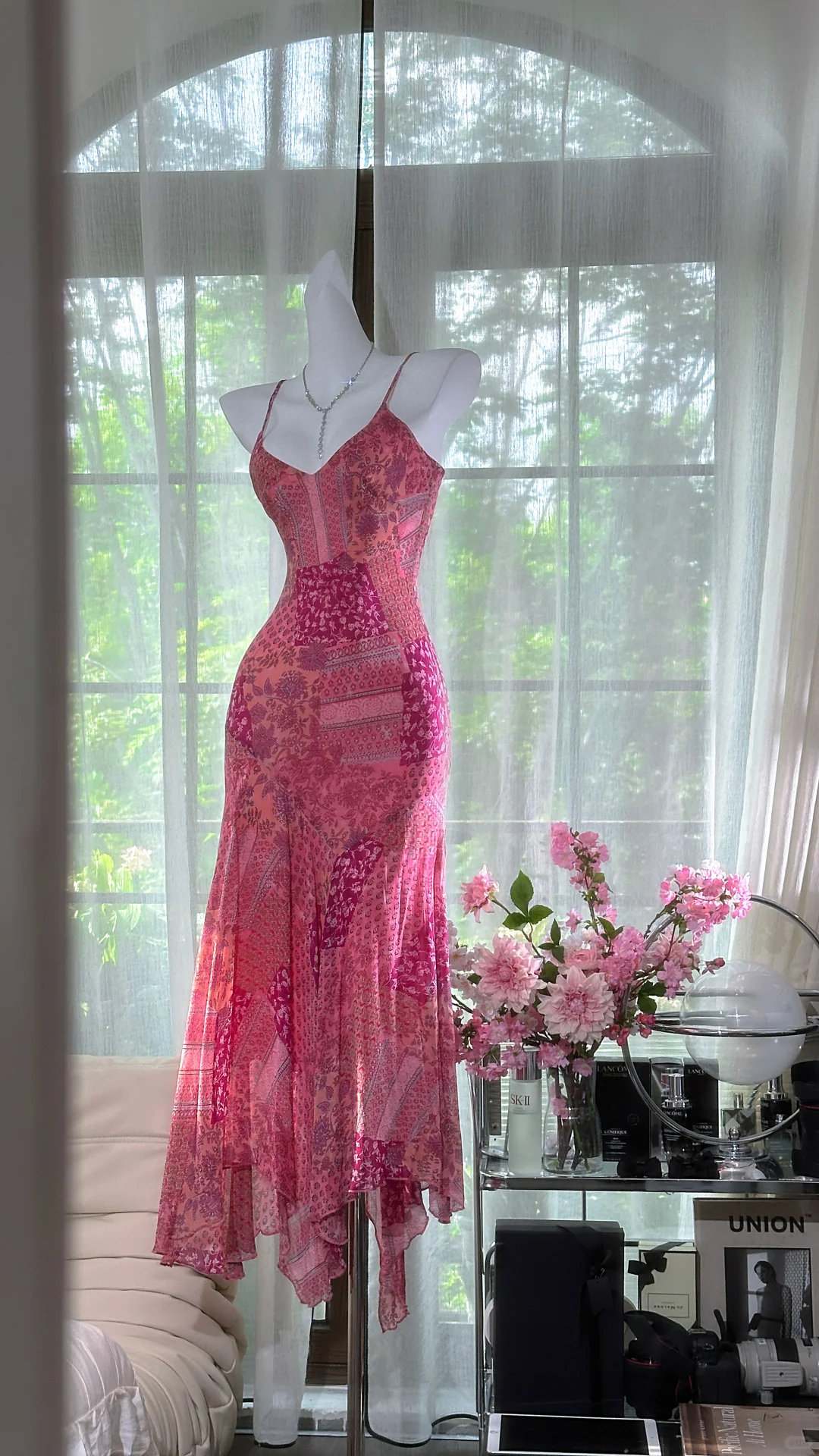 Retro Pink V-neck Floral Elegant Chiffon Evening Dress Prom Dresses D1612