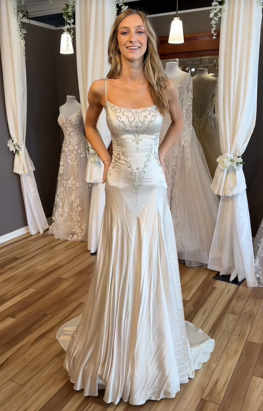 Neue Ankunft Spaghettiträger A-Linie Perlen Langes Brautkleid Brautkleid, D775