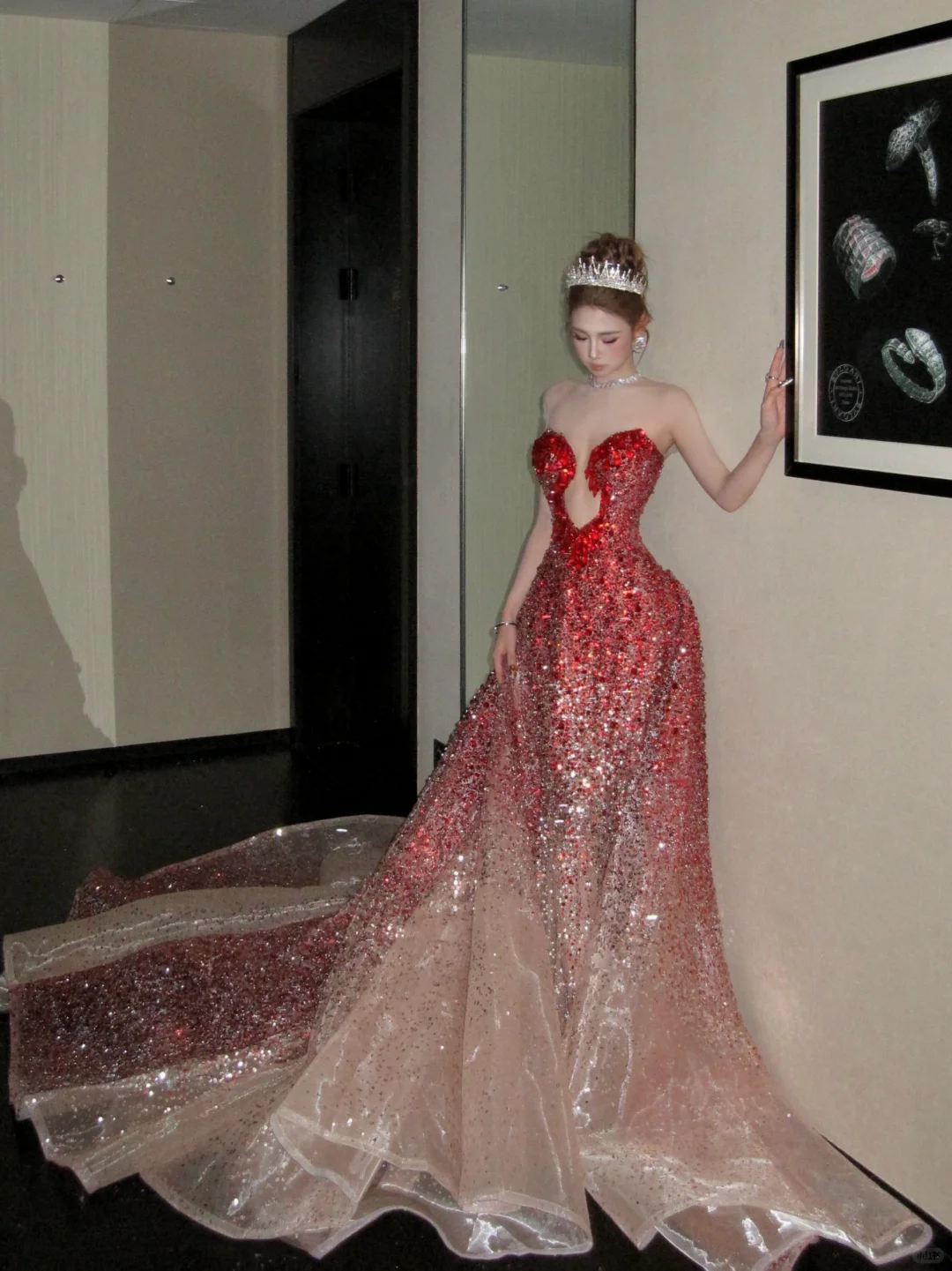 Vintage Gradient Red Sweetheart Strapless Mermaid Design Sexy Prom Dress Evening Dress D1719