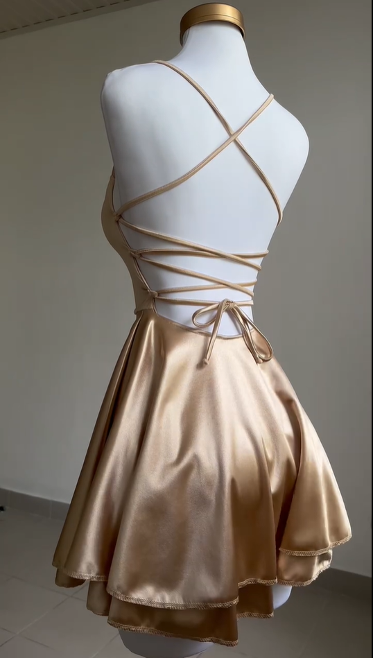 Lovely Gold Straps A-Line Satin Short Party Dress Homecoming Dress MD7467
