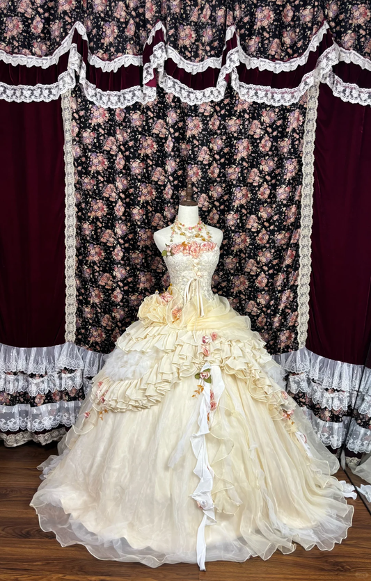 Retro 3D Blumen Trägerlos A-Linie Tüll Quinceanera Kleider Sweet 18 Geburtstag Ballkleider, D1430