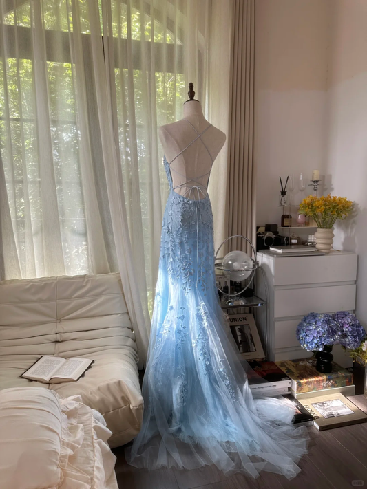 Retro Light Blue Applique Backless Design Romantic Chiffon Evening Dress Prom Dress D1483