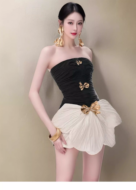 Robe de soirée courte trapèze simple et tendance, sans bretelles, avec nœud, robe de bal, D1389