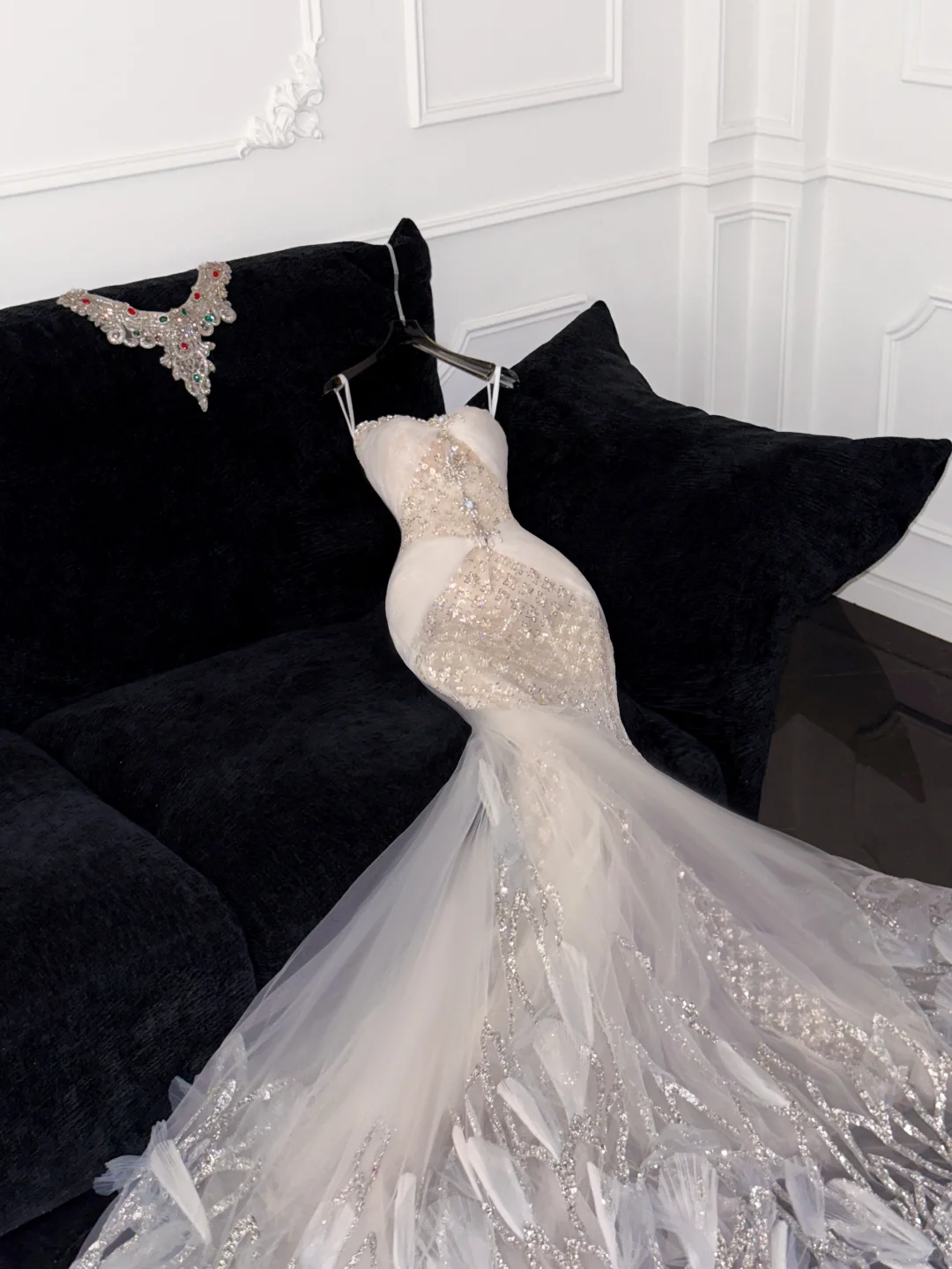 Gorgeous Ivory Sweetheart Tulle Sparkling Sequin Design Elegant Mermaid Floor-length Wedding Dress D1636