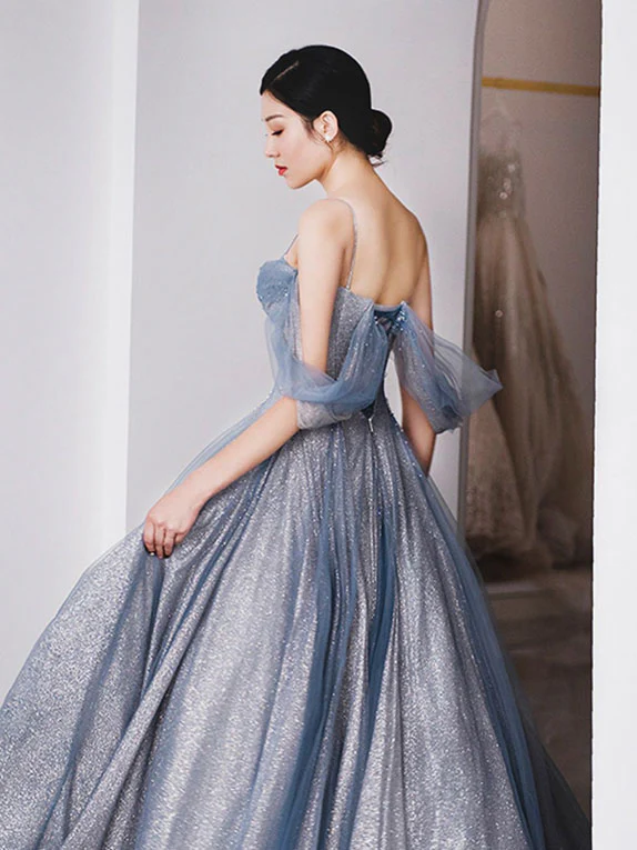 Blue Tulle A-Line Straps Off Shoulder Formal Evening Party Dress MD7191