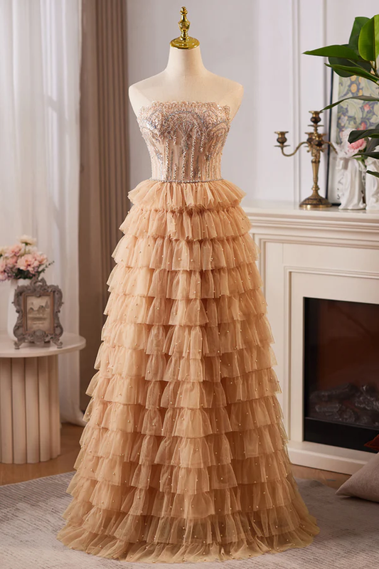 Robe de bal longue en tulle, coupe trapèze, sans bretelles, couleur champagne doré, MD7596