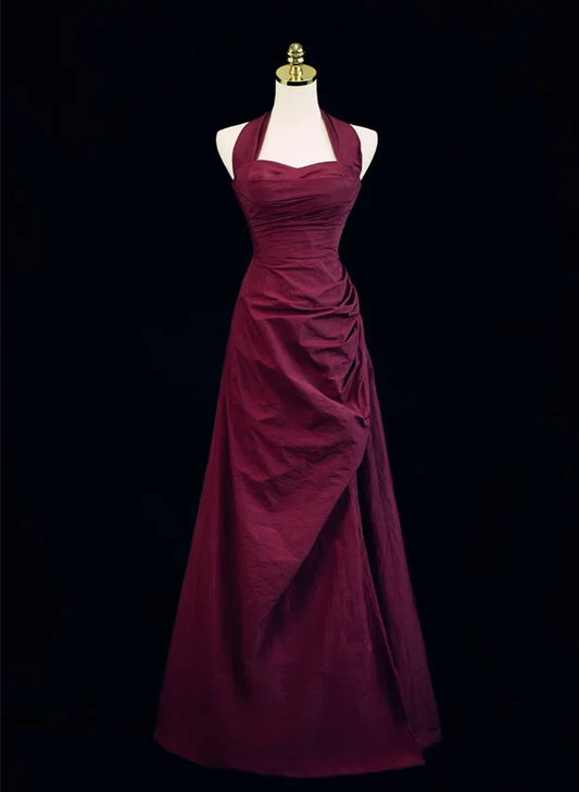 Robe de bal longue bordeaux à col licou et coupe trapèze, style vintage, MD7341