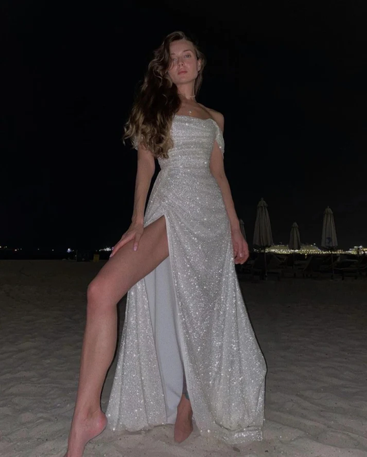 Robe longue de soirée à paillettes, épaules dénudées, coupe trapèze, tenue d'anniversaire, MD7403