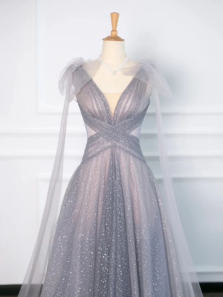 Gray Tulle V-Neck A-Line Backless Elegant Evening Party Dress MD7192