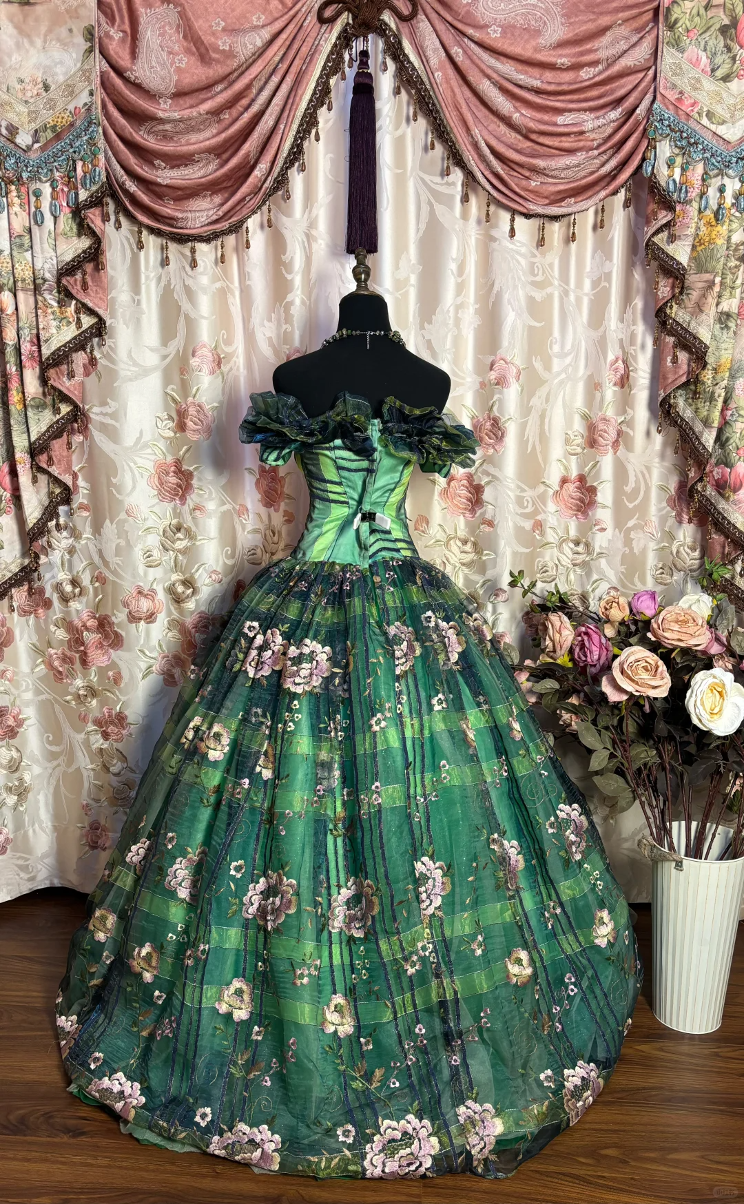 Green Off Shoulder A-Line Embroidery Tulle Long Evening Dress Birthday Ball Gown, D835