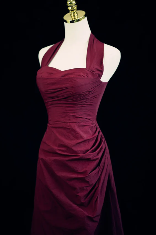 Robe de bal longue bordeaux à col licou et coupe trapèze, style vintage, MD7341