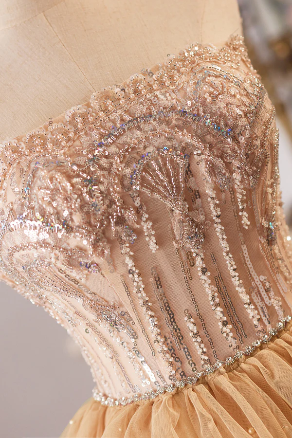 Robe de bal longue en tulle, coupe trapèze, sans bretelles, couleur champagne doré, MD7596