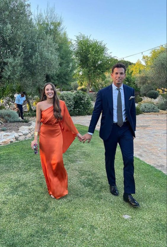 Robe fourreau longue orange élégante à une épaule, tenue de soirée ou de mariage, MD7525