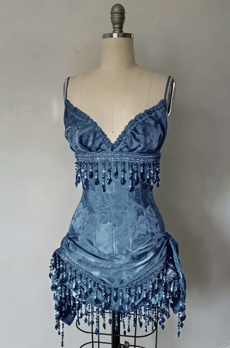 Charming Blue Sleeveless Spaghetti Straps Beading Short Prom Dress Homecoming Dress with Pleated D7972