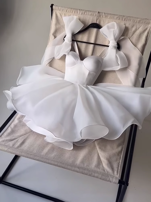 Robe de soirée trapèze en tulle, jolie robe de soirée à nœud blanc, D1387
