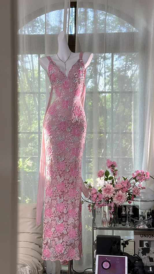 Vintage Gorgeous Pink Floral V-neck Applique Elegant Chiffon Long Evening Dress Prom Dresses D1607