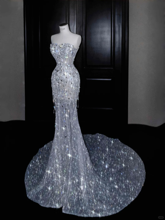 Glitzerndes trägerloses Meerjungfrau-Kleid mit Perlen und Quasten, langes Abendkleid, Geburtstags-Outfits, D808