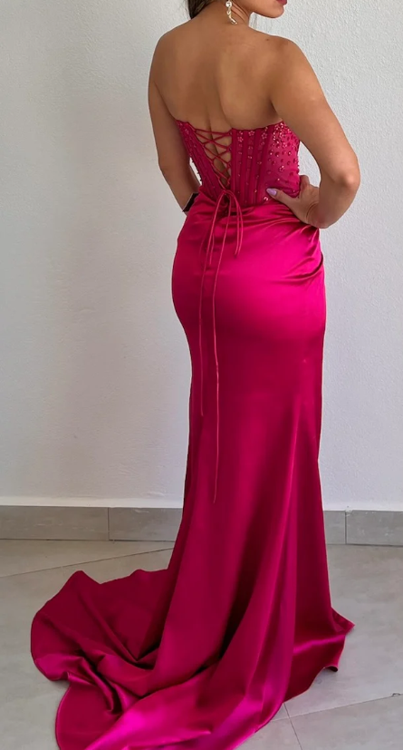 Robe de soirée longue en satin fuchsia à col en cœur, robe de demoiselle d'honneur, D136