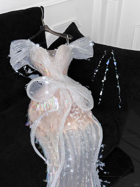 Robe de soirée élégante en mousseline de soie, style fourreau, à épaules dénudées, à paillettes champagne scintillantes, vintage, D1628