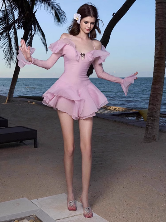 Robe de soirée trapèze rose à épaules dénudées, simple et tendance, D1391