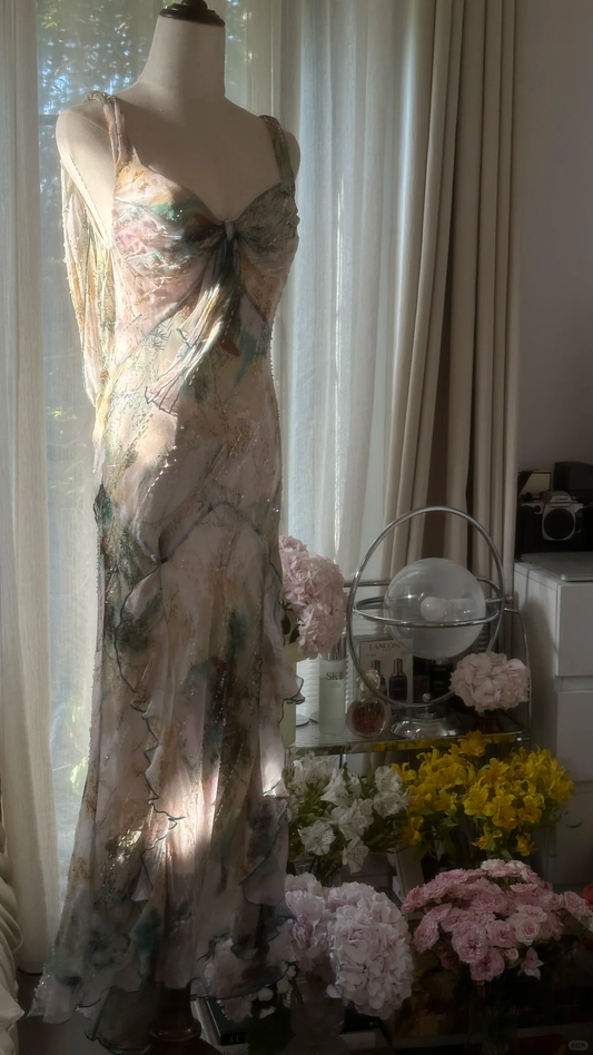 Robe de soirée romantique en mousseline de soie, dos nu, bretelles spaghetti, style vintage, robe de bal D1486