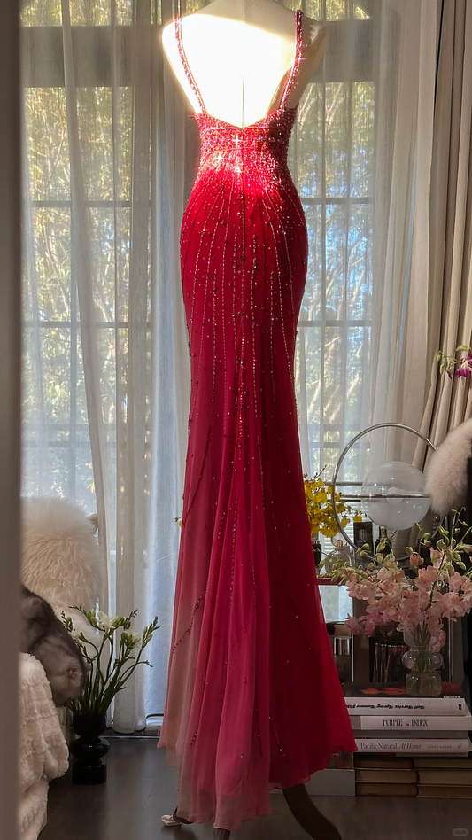 Retro Rot V-Ausschnitt Funkelnde Perlen Meerjungfrau Chiffon Abendkleid Ballkleid D1475