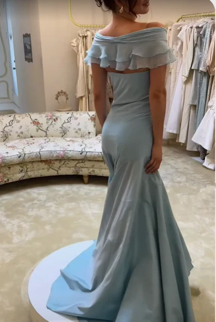 Robe de soirée vintage bleu clair à col en V et coupe trapèze MD7640