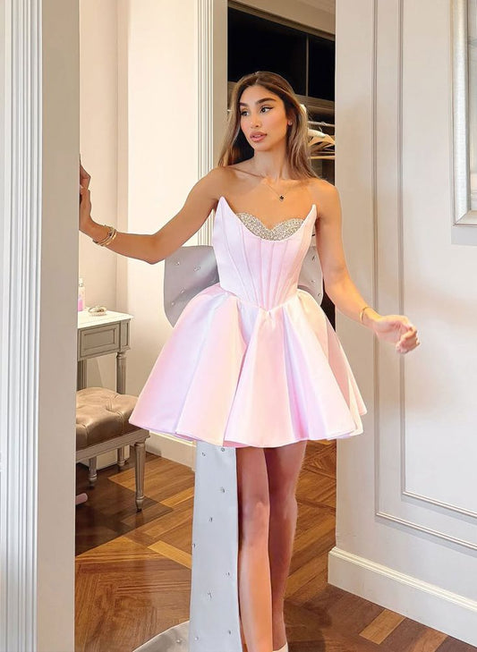 Fashionable Homecoming Dress Sweetheart Rinestone Bowknot A-Line Back to School Outfits Party Dress D7839