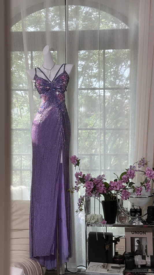 Vintage Gorgeous Purple V-neck Shinny Romantic Luxury Spaghetti Strap Evening Dress Prom Dresses, D1456