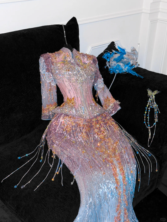 Fashion Sparkling Beaded Sequin Mermaid Elegant Chiffon Evening Dress Prom Dresses D1632