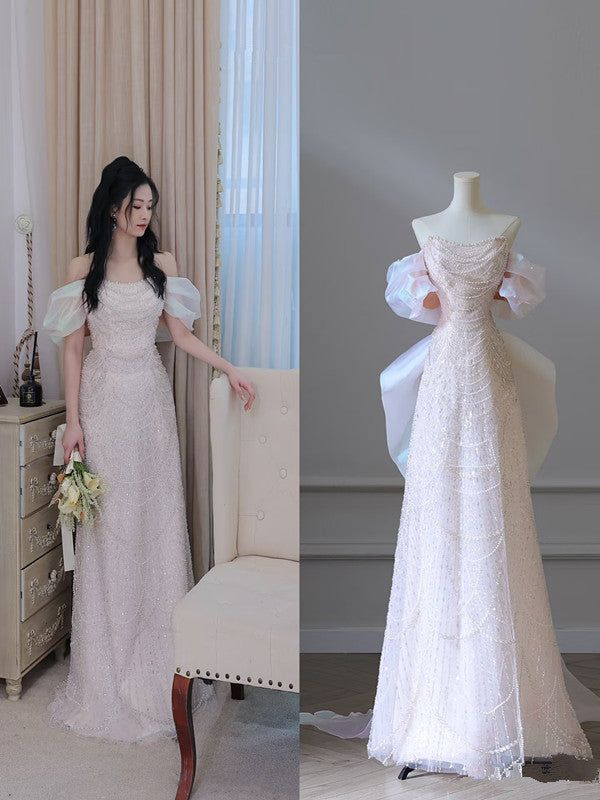Robe de soirée longue rose clair à épaules dénudées et paillettes, coupe trapèze, MD7407