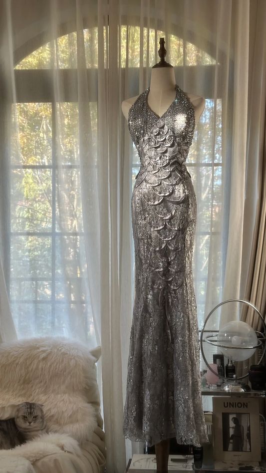 Robe de soirée romantique en mousseline de soie, style vintage, col en V, paillettes scintillantes, argentée, robe de bal D1516