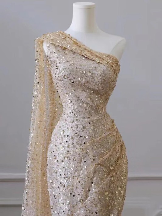 Champagne One Shoulder Sequins Mermaid Long Formal Party Dress MD7386