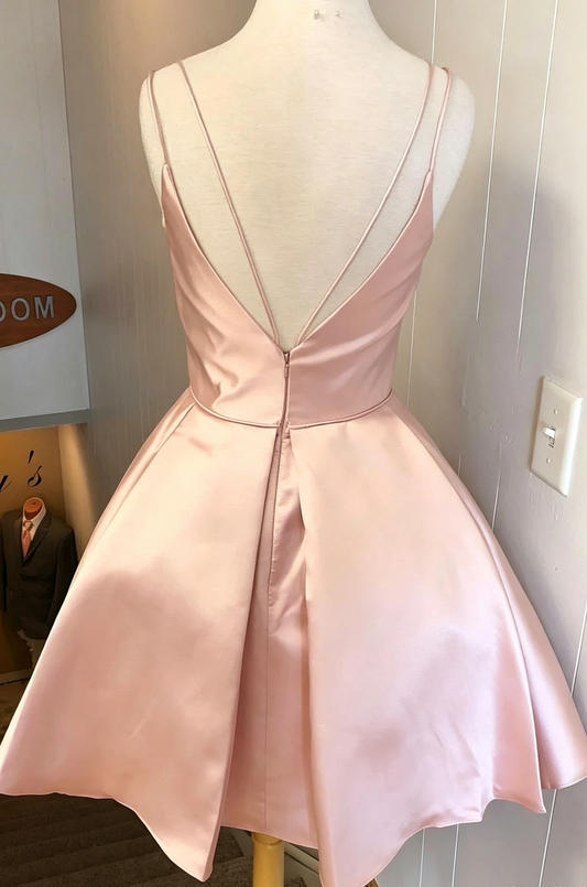 Unique Homecoming Dress Spaghettistrap V Neck Pleated Back to School Outfits Party Dress D7634
