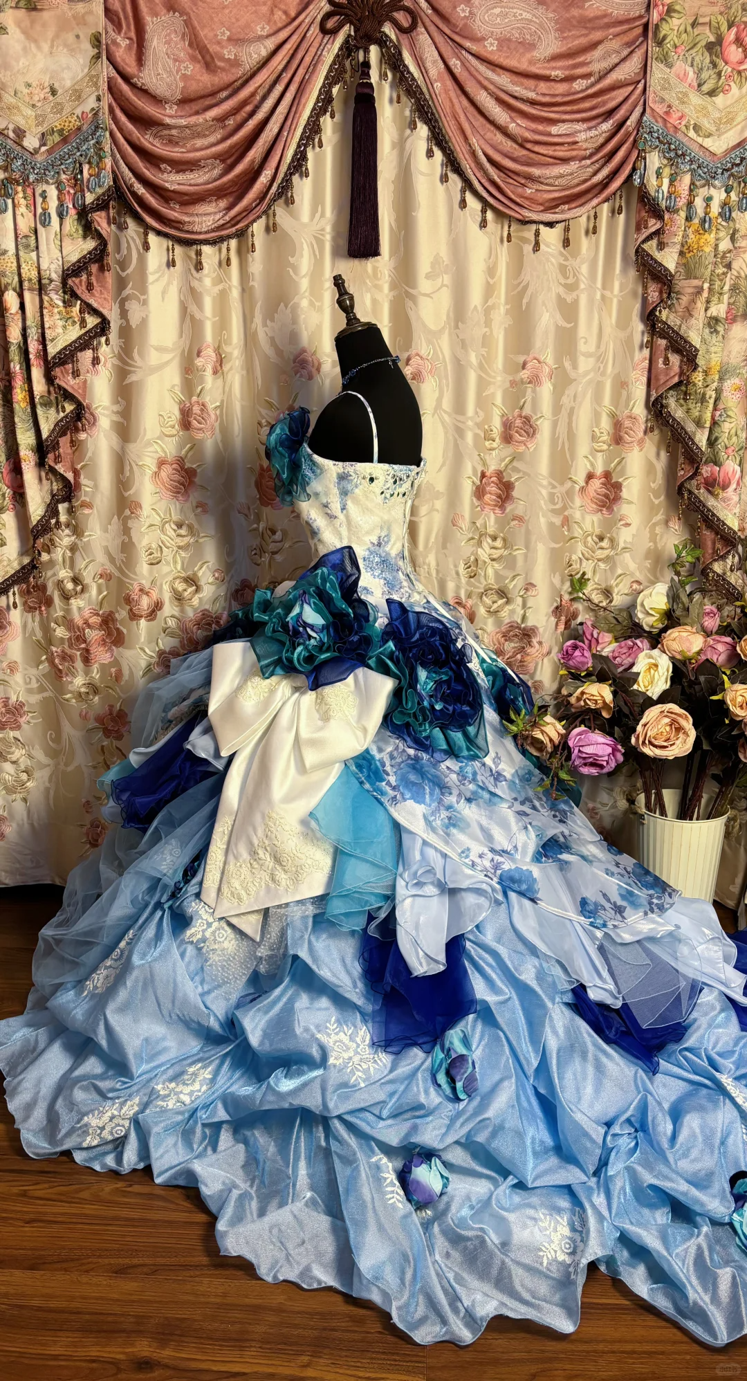 Blue Straps A-Line Floral Printed Retro Long Evening Dress Birthday Ball Gown, D834