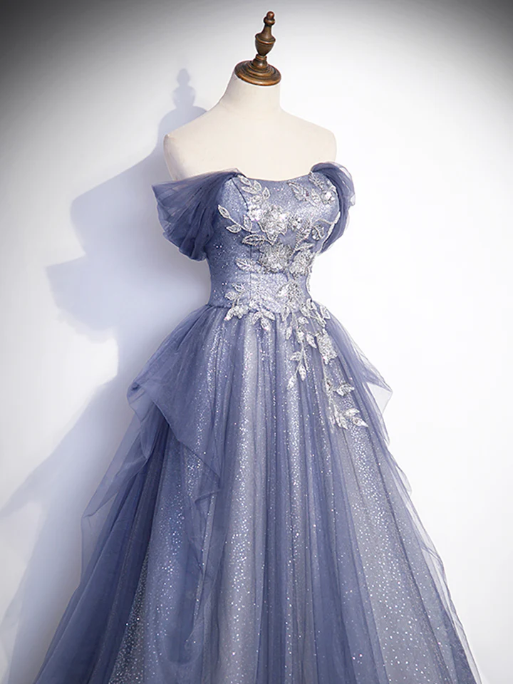 Charming Tulle Appliques A-Line Off Shoulder Formal Prom Dress MD7193