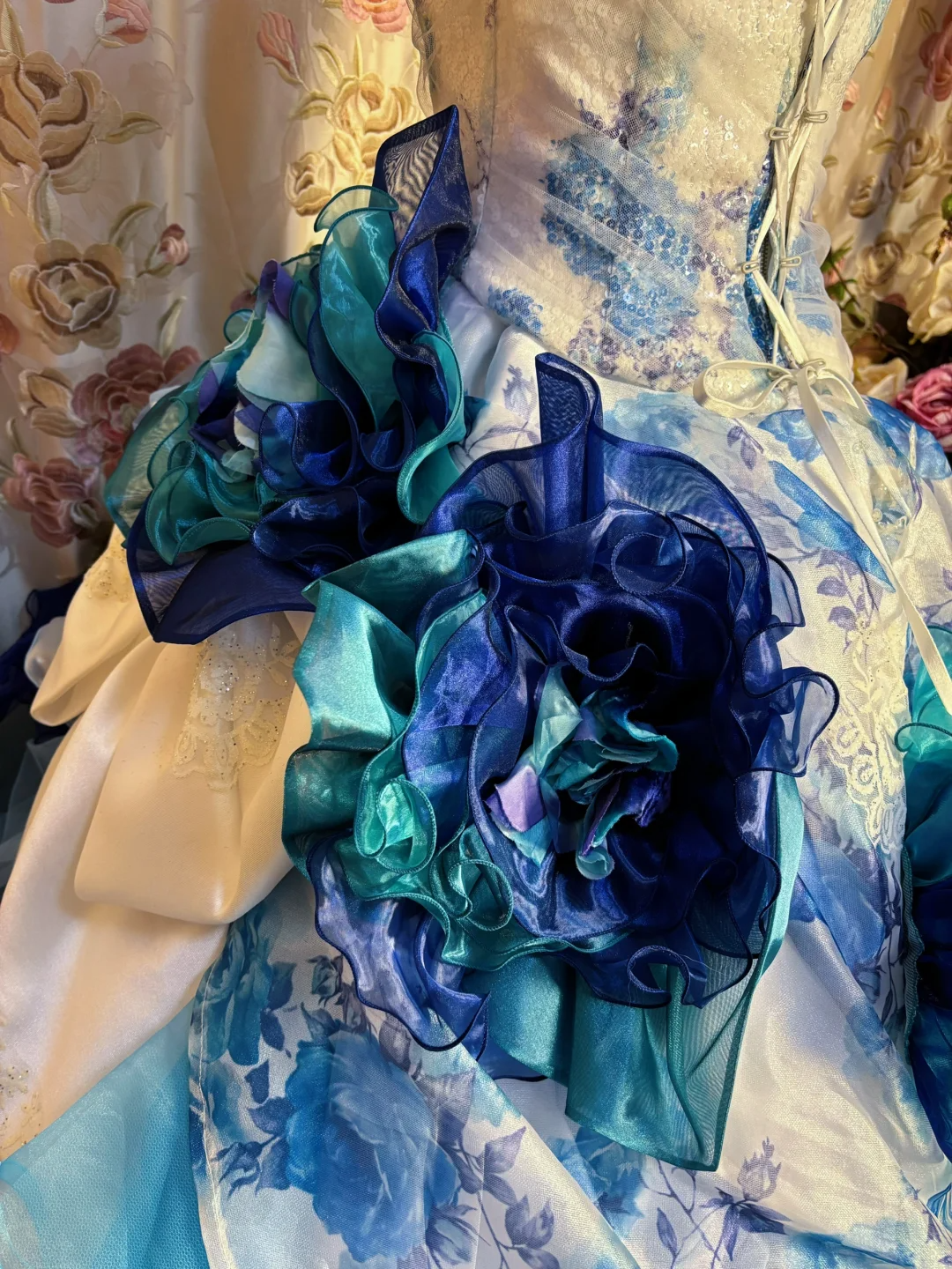 Blue Straps A-Line Floral Printed Retro Long Evening Dress Birthday Ball Gown, D834