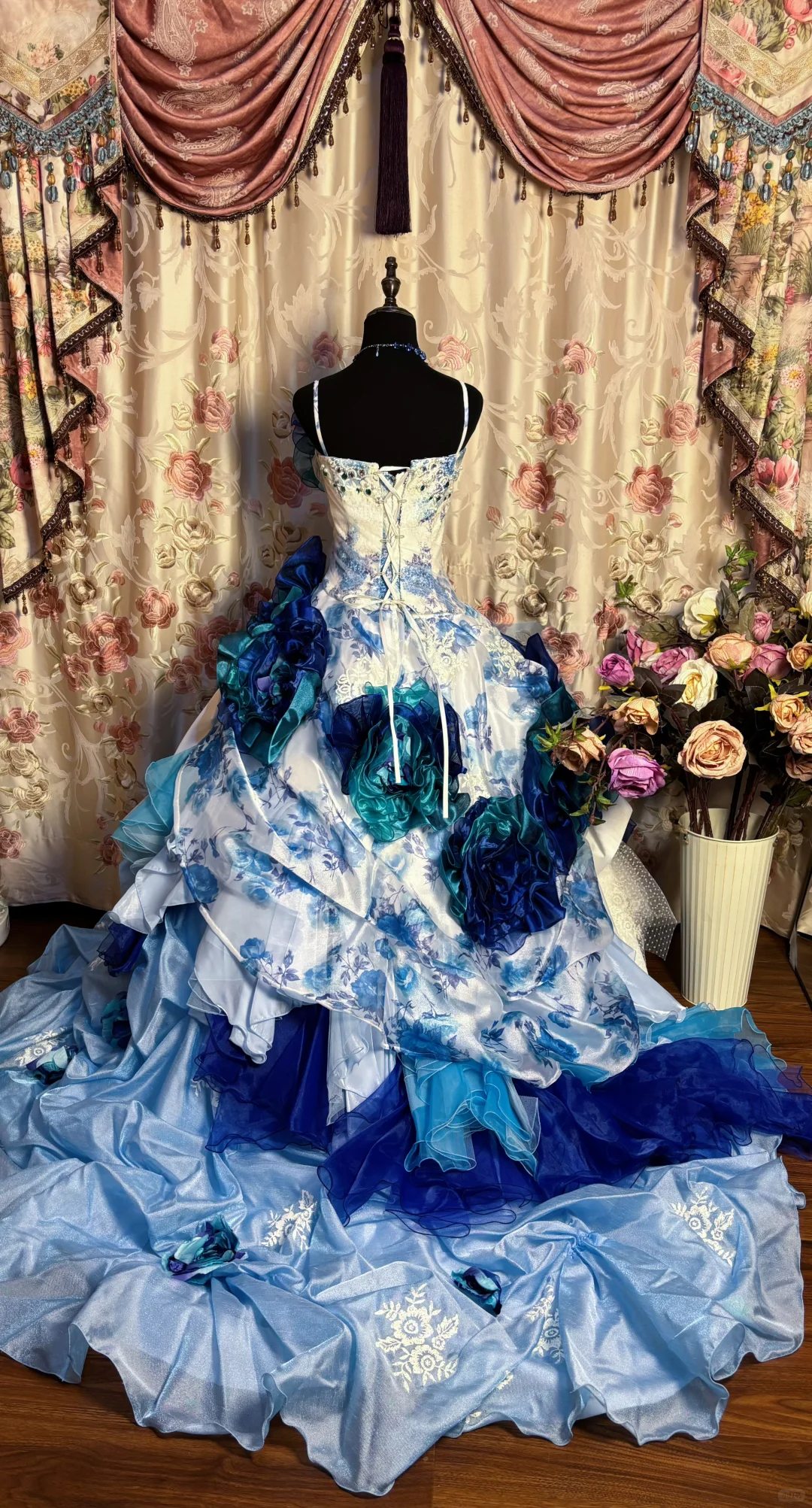 Blue Straps A-Line Floral Printed Retro Long Evening Dress Birthday Ball Gown, D834