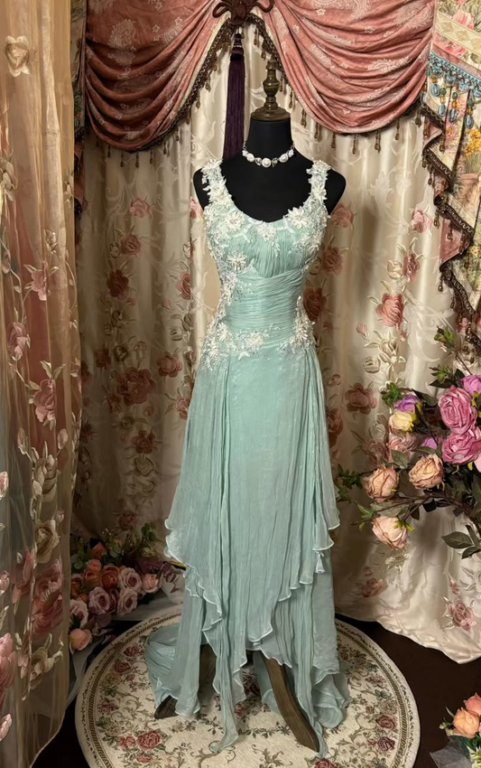 Tiffany Blaues A-Linien-Partykleid mit Chiffon-Applikationen und Trägern, Vintage-Abendkleid, D926
