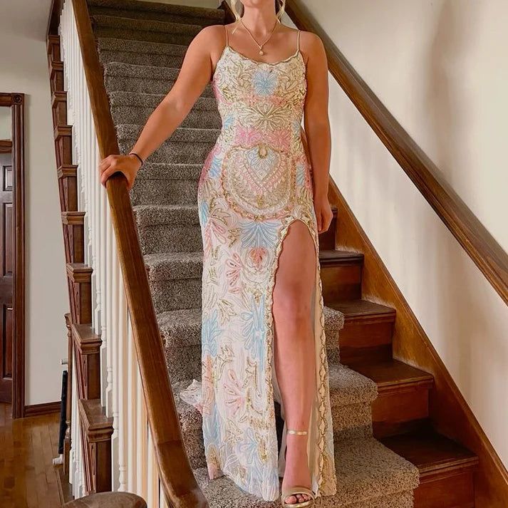 Vintage Colorful Applique Spaghetti Strap Floral Design Elegant Bridesmaid Dress Evening Dress Prom Dress D1594