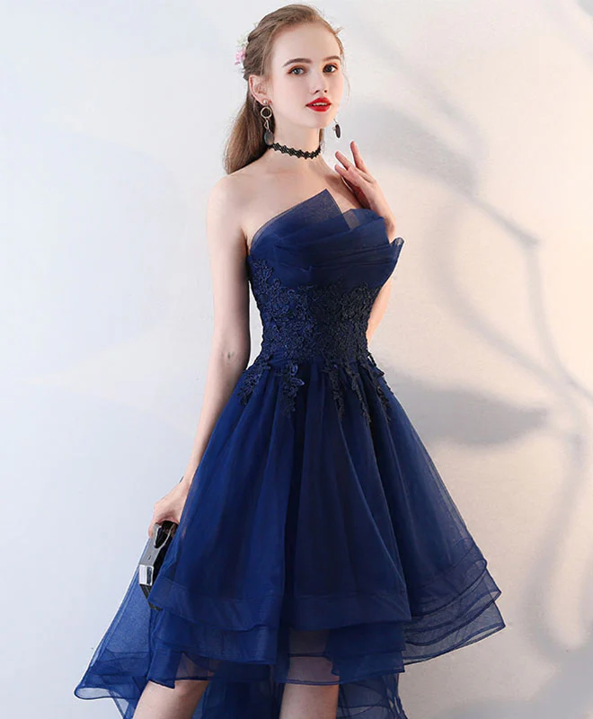Retro Navy Blue Strapless Ruffled Hem Design A-line Tulle Party Dress Homecoming Dress D1544