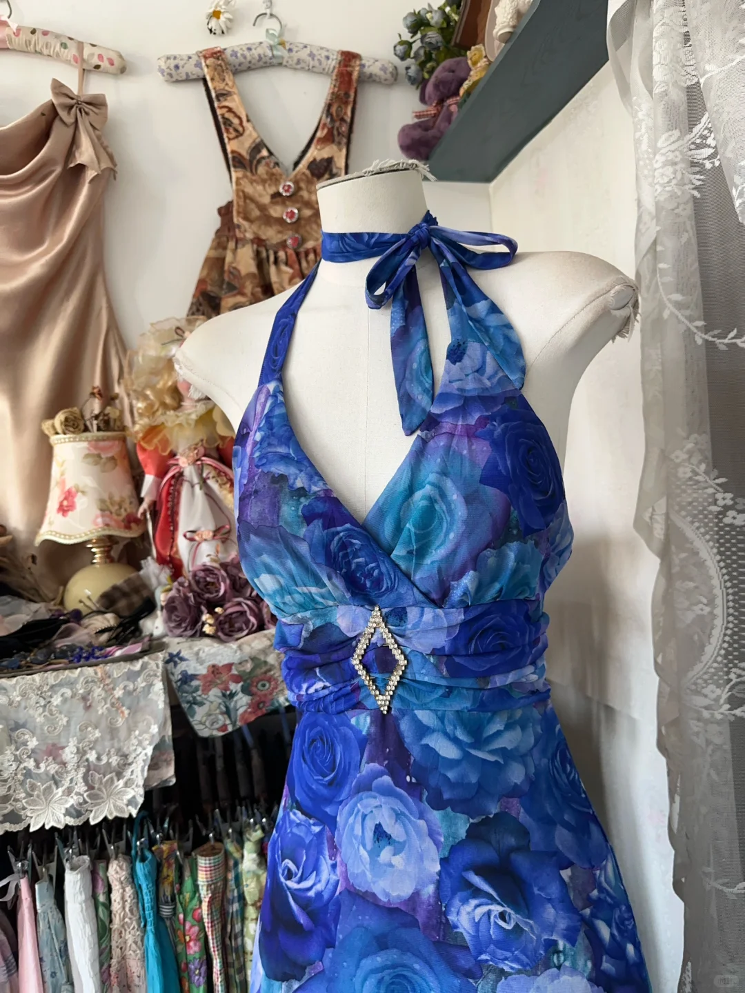 Vintage Navy Blue Floral V-neck Halter Dress Elegant A-Line Long Evening Dress Prom Dresses D1672