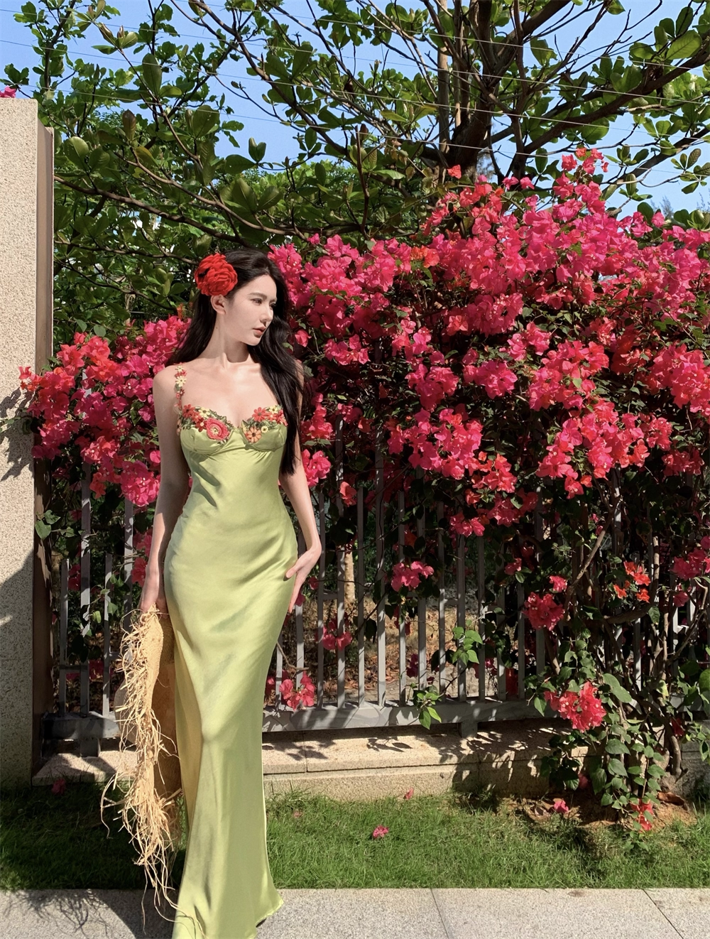 Vintage Green Floral Mermaid Spaghetti Strap Design Satin Prom Dress Evening Dress D1701