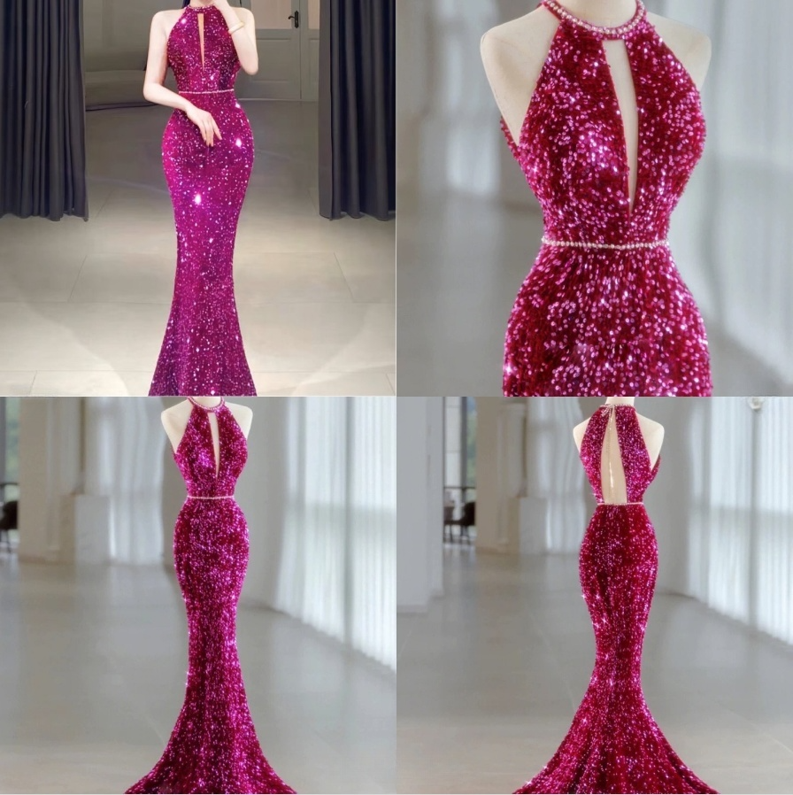 Robe de soirée longue sirène fuchsia élégante à paillettes et col licou MD7494
